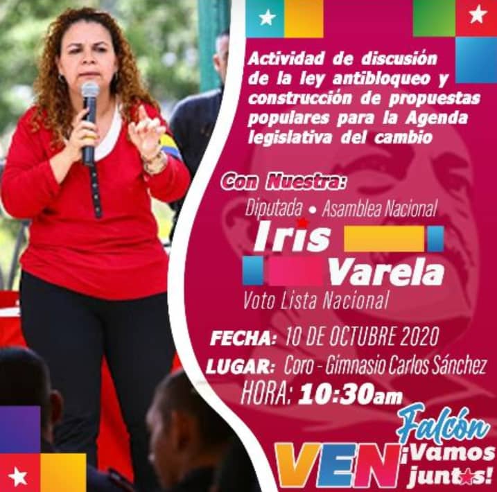 Utso5Falcon's tweet photo. ENTÉRATE ⏩||
📍Hoy 10-10-2020 a las 10:30 a.m en el Gimnasio Carlos Sánchez.
Actividad de discusión de la #LeyAntibloqueo y construcción de propuestas populares para la Agenda legislativa del cambio con nuestra Diputada a la Asamblea Nacional @irisvarela 
#MPPSP_Presente 🇻🇪👊🏽 https://t.co/UmOAl75cGS