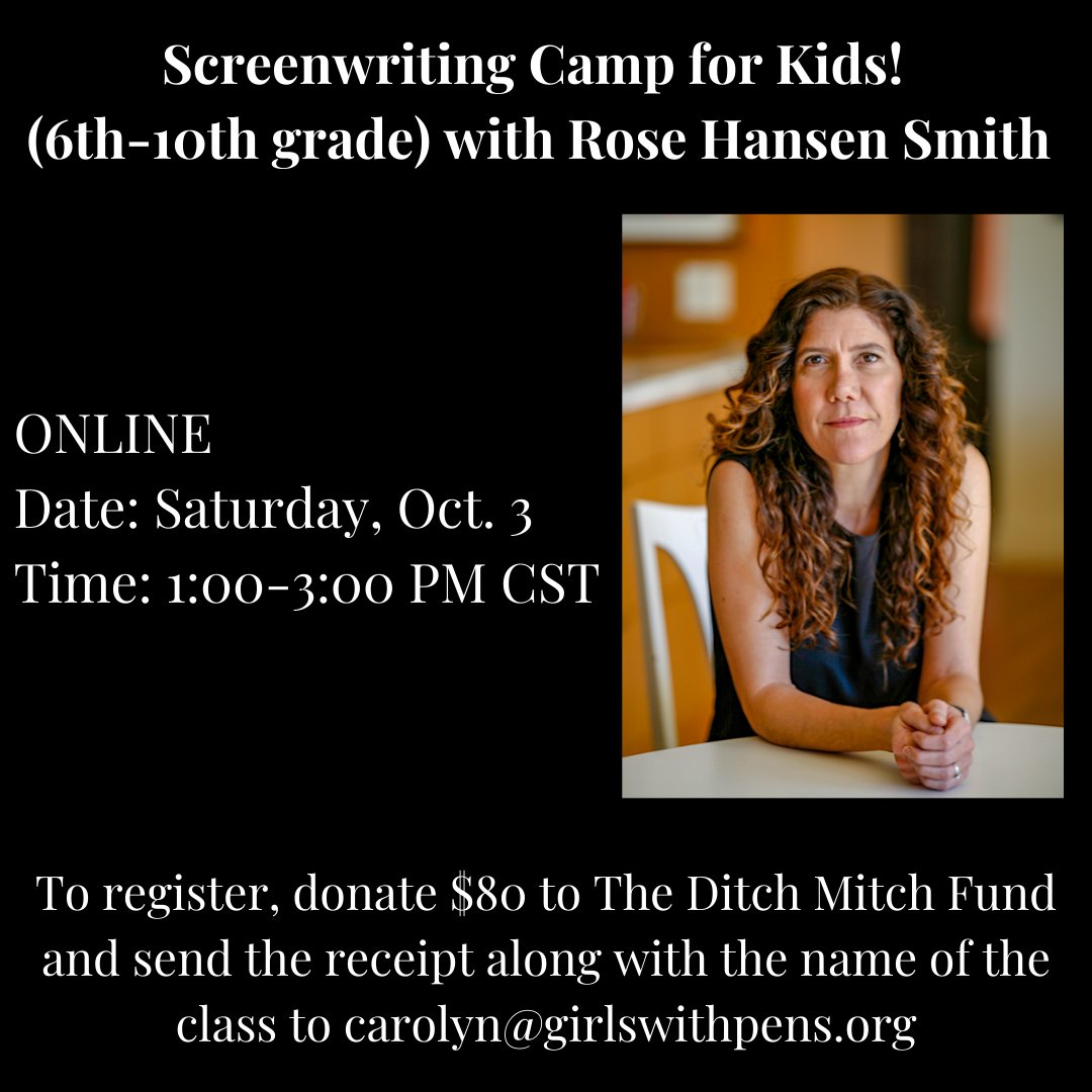 timezerobook's tweet image. For student writers in 6th-10th grade! Register now for this online camp for aspiring screenwriters and directors with Rose Hansen Smith. Sat., Oct 3rd 1:00-3:00 PM CST. girlswithpens.org/workshops-for-… #writingworkshop #DitchMitch #ditchmitch2020 #onlineclasses #youngwriters #democracy