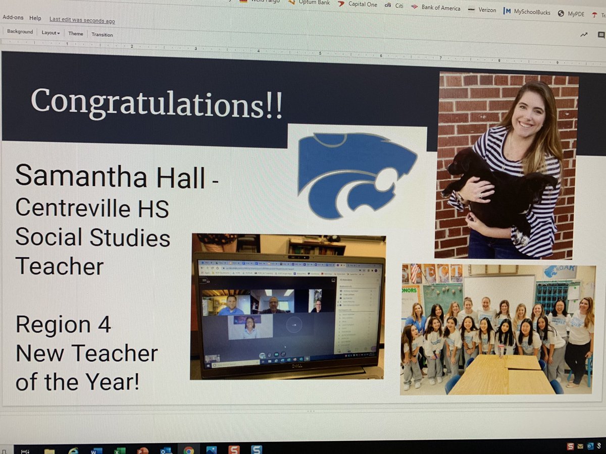 Congrats to our very own <a href="/wearecvillecats/">WeAreCville Wildcats</a> Samantha Hall for being named the <a href="/Region4FCPS/">Region 4</a> New Teacher of the Year! Nice to surprise her with the announcement this morning in a virtual meeting! We have awesome staff at CVHS! We are proud Sam! Thank you @stella_pekarsky for joining.
