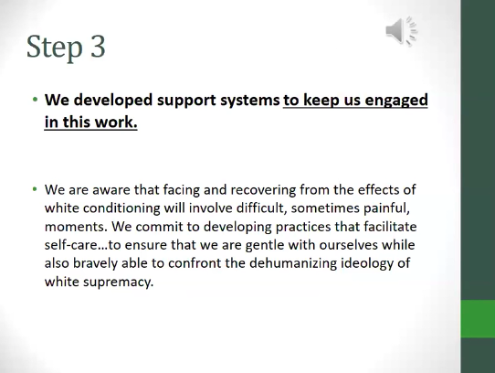 Step 3: We develop support systems to keep us engage in this work. I'm sure this supports her weekly recovery groups, which I'll bet she's making money off of to provide those support systems to whole white people accountable.