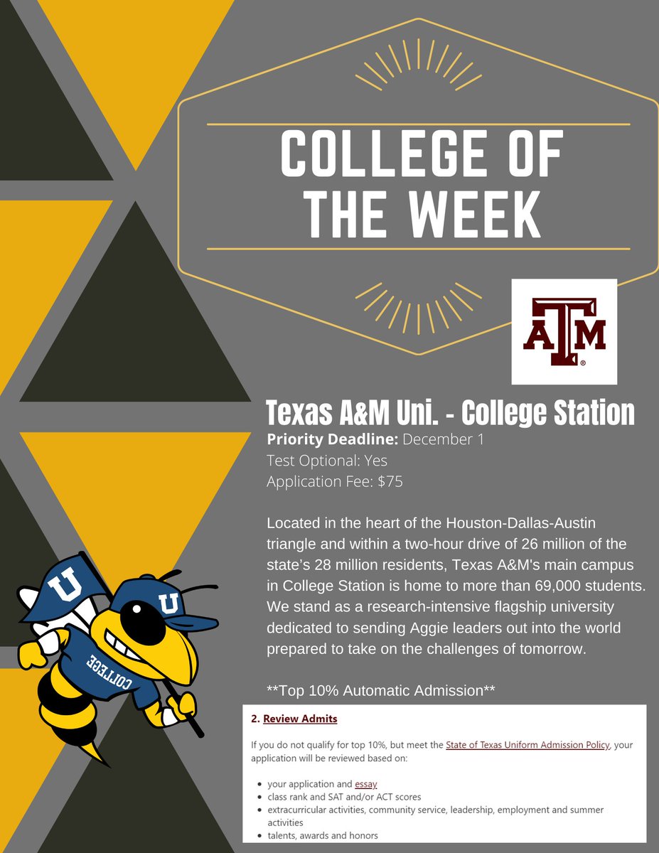 echsgocenter's tweet photo. Presenting our college of the week! Texas A&M - College Station!! If you want to hear more about them, tune in on Wednesday at 2:30pm. Link will be posted in junior/senior Google classroom. #ecproud #echsgocenter #tamu #texasaggies #texasanmuniversity https://t.co/uU2iDEeXgx
