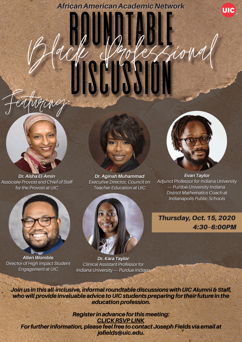 cteuic's tweet photo. Interested in the education field after you graduate? Join our executive director, Dr. Aginah Muhammad, in a Black professional roundtable discussion on Thurs, 10/15 from 4:30-6pm. RSVP @ https://t.co/F6DMYC6HGT https://t.co/nFBAor4CNY