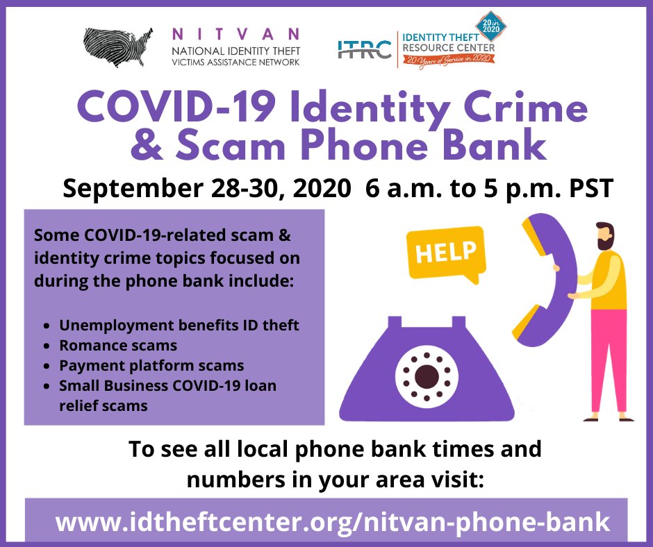 Need help with COVID-19 related scams &amp; and identity crime issues? ☎️ Call into our phone bank happening Sept. 28-30th, 2020!

Check your local ID theft assistance coalition dates and phone numbers here: idtheftcenter.org/nitvan-phone-b…