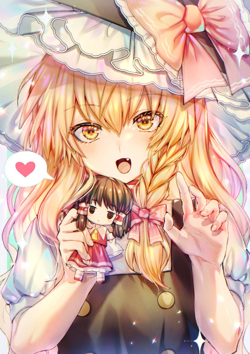 hakurei reimu ,kirisame marisa hat blonde hair heart witch hat bow 1girl open mouth  illustration images