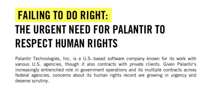 “We could close our eyes & pretend that contrary to all the evidence,  #Palantir is a rights-respecting company or we can call this façade what it is: another company placing profit over people, no matter the human cost.” Michael Kleinman,  @amnestyusa on  #PalantirTechnologies.
