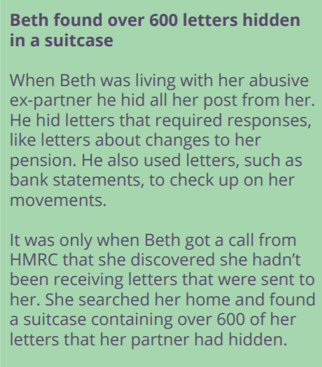 SEAresource's tweet photo. Abusers will often use post as a way to stalk, harass and further exercise #coercivecontrol over victim/survivors. This includes withholding post, as was the case for Beth in this excerpt from the @CitizensAdvice #MillionsWithoutMail report. #economicabuse
https://t.co/kCBSNsITyN https://t.co/n7u0k78Etp