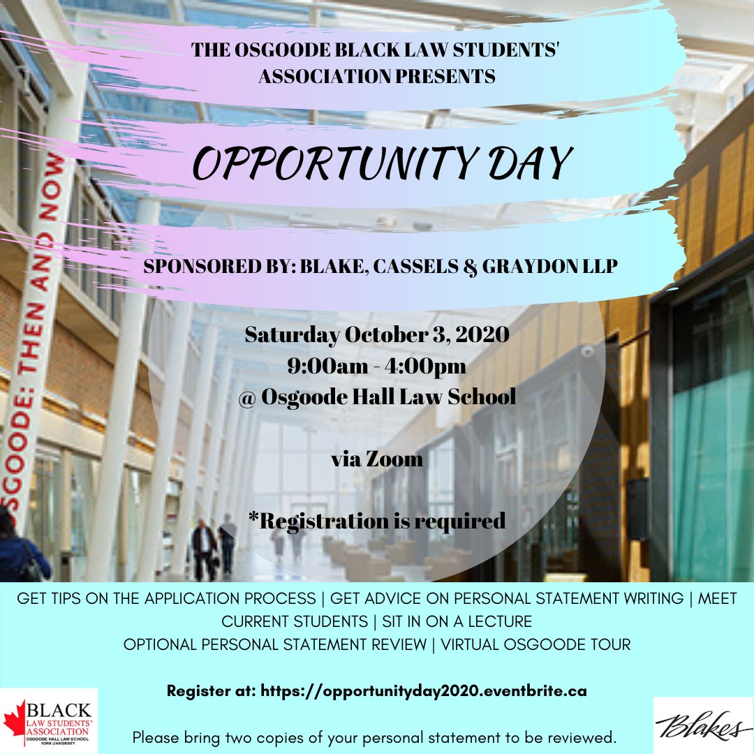 Opportunity Day is happening this Saturday beginning at 9am! This is an event you don't want to miss if you are a Black-identifying student who is interested in attending Osgoode Hall. Link to register is in our bio, see you there!