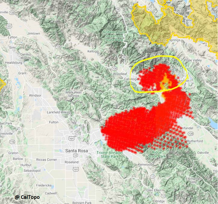 MutedTrader's tweet photo. The ongoing #GlassFire is growing fast and approaching Santa Rosa. Electricity there mainly comes from big #Geysers complex by #Calpine (13 plants) and are located up north that feed 725,000 home. The fire already forced several outages by @PGE4Me. #CAwx #GlassFire #ShadyFire https://t.co/QjQQELZ3eu