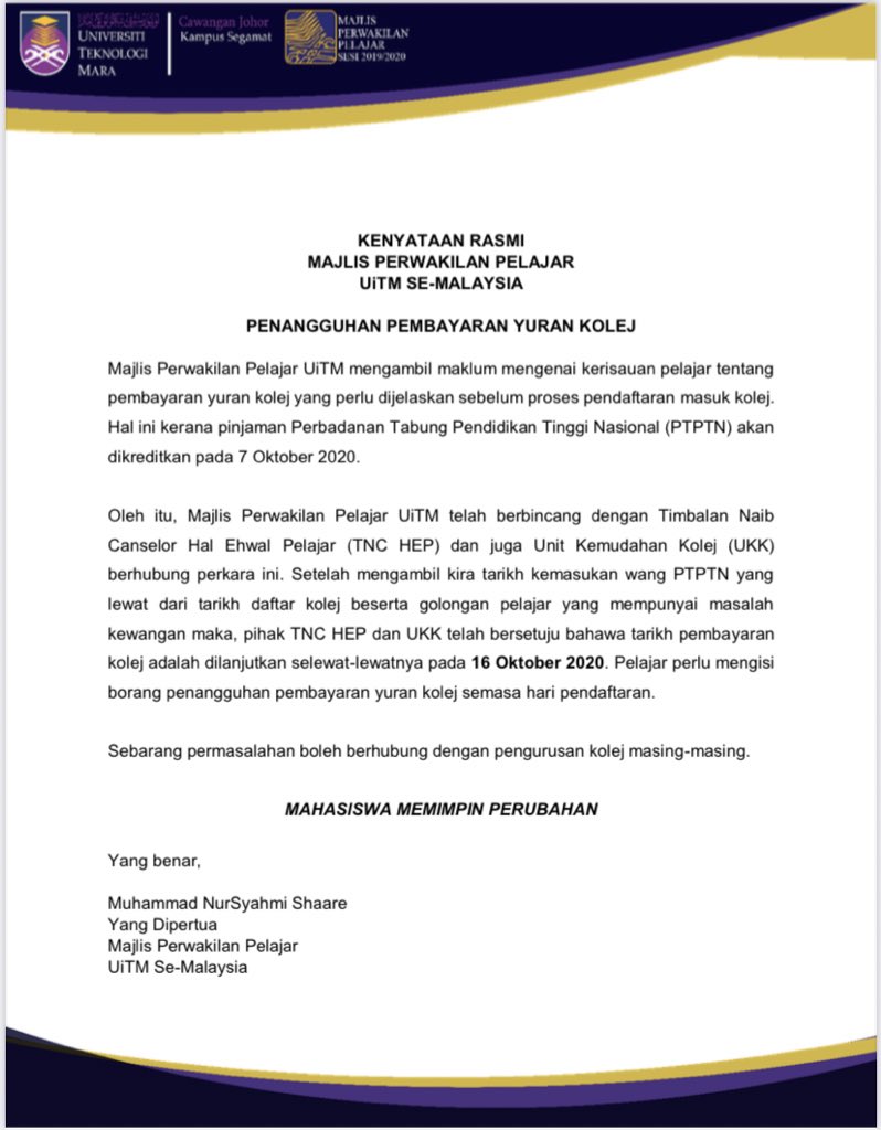 mppuitmcj's tweet photo. Penangguhan pembayaran yuran kolej https://t.co/nh2I1uHxC1