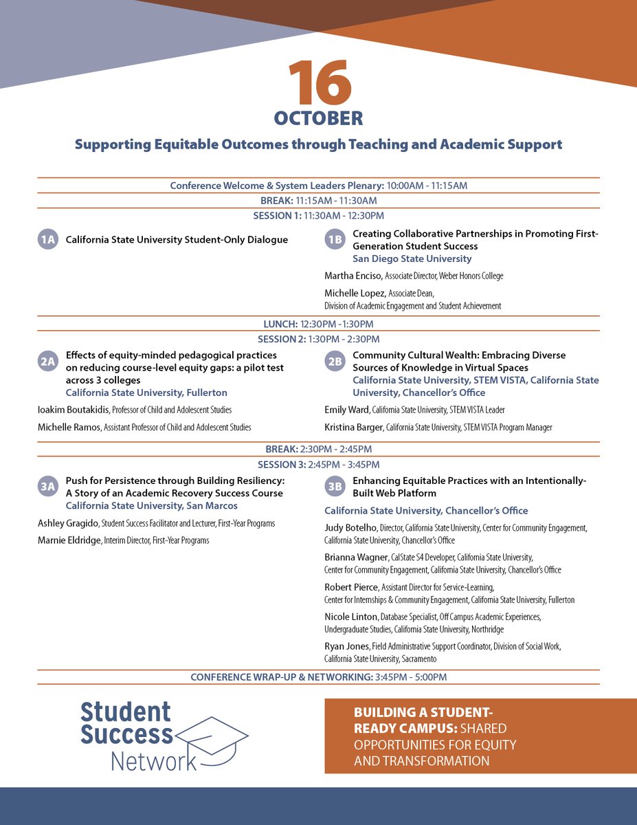 CSU_SuccessNet's tweet image. Thank you to everyone who attended day one of our first CSU Student Success Network Conference last Friday. We look forward to seeing you (virtually) for day two on Friday October 16th! #CSUStudentSuccess2020 

csustudentsuccess.net/building-a-stu…