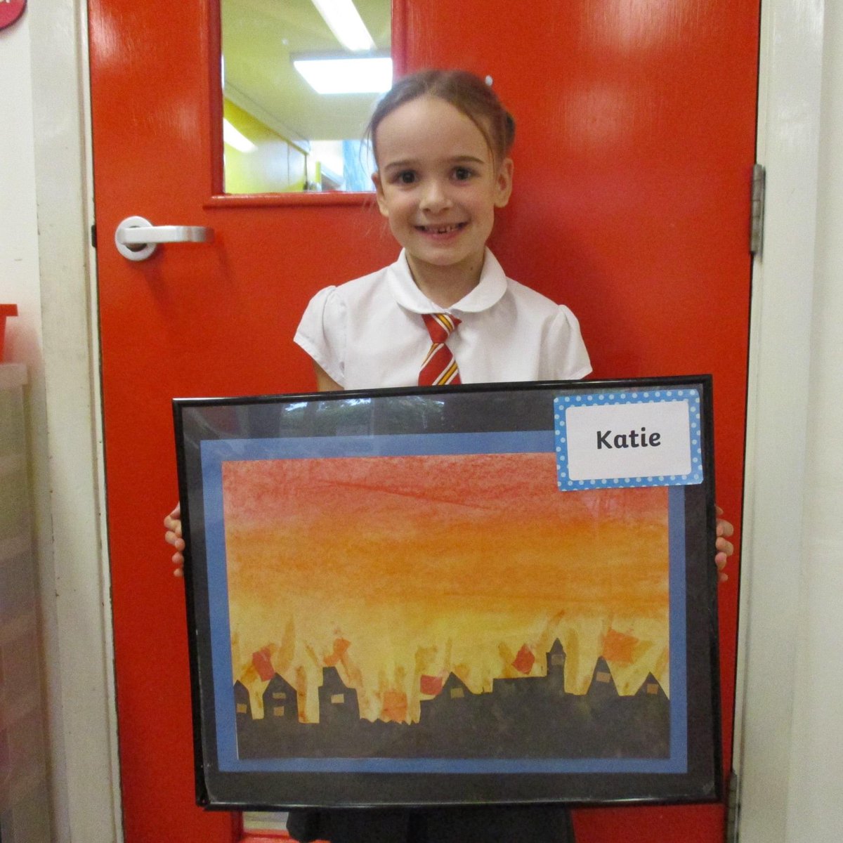 Congratulations to our first Artist of the Month for this school year. The September award goes to Katie for her spectacular chalk pastel and collage picture of the Great Fire of London.

Well done Katie!
