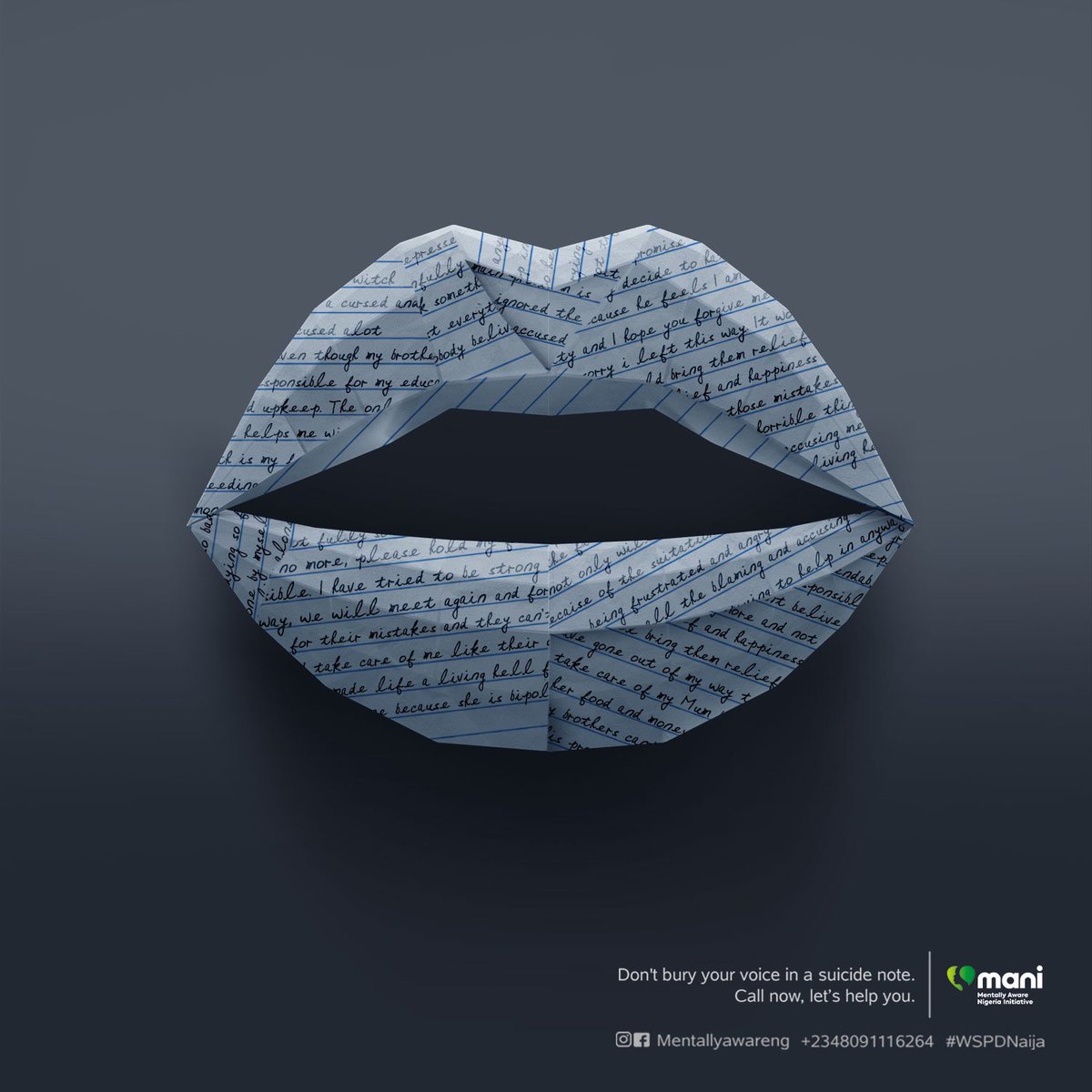 By the time the world (your family and loved ones) read about your pain in a suicide note, it might be too late for anyone to help you.

Don't bury your voice in a suicide note. Reach out for help now!

Latest campaign for <a href="/mentallyawareng/">MentallyAwareNigeria</a> made using real suicides notes.
