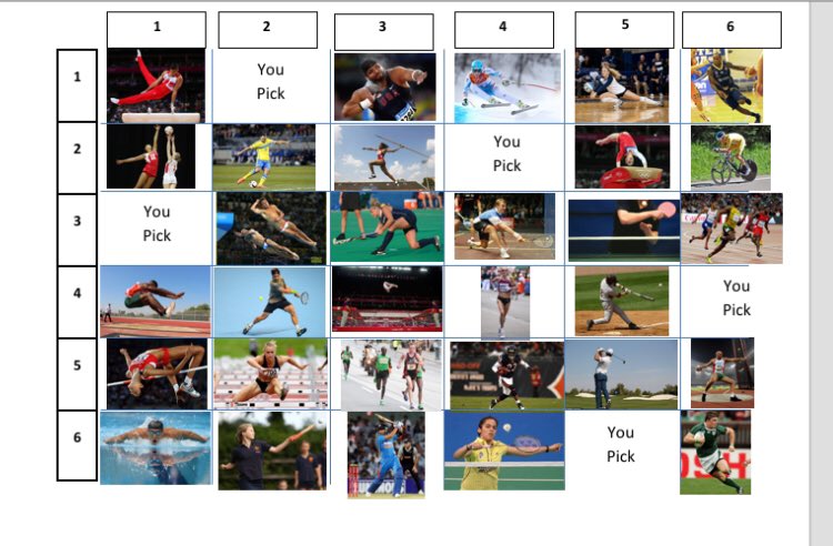 @ShareLearnT <a href="/acrowtherpe/">Ashley Crowther</a> <a href="/PeBrado/">Simon Bradbury</a> <a href="/Planet_PE/">PlanetPE</a> <a href="/iPEteacher/">Steve Allen</a> A simple resource I use to build students confidence for AO2. Rolling a dice twice students identify a sport for which they must apply whatever theory element you are teaching e.g components of fitness #GCSEPE #AQAPE