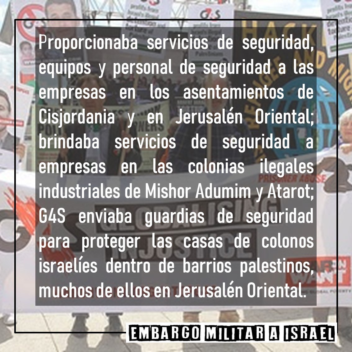 a_embargo's tweet photo. G4S es una compañía transnacional de seguridad privada (de origen dano-inglés) presente en  más de 120 países y con  más de 625.000 empleadas/os a nivel mundial. #BoicotMilitarAIsrael #PalestinaLibre #BastadeApartheid https://t.co/rrECUjjkc3