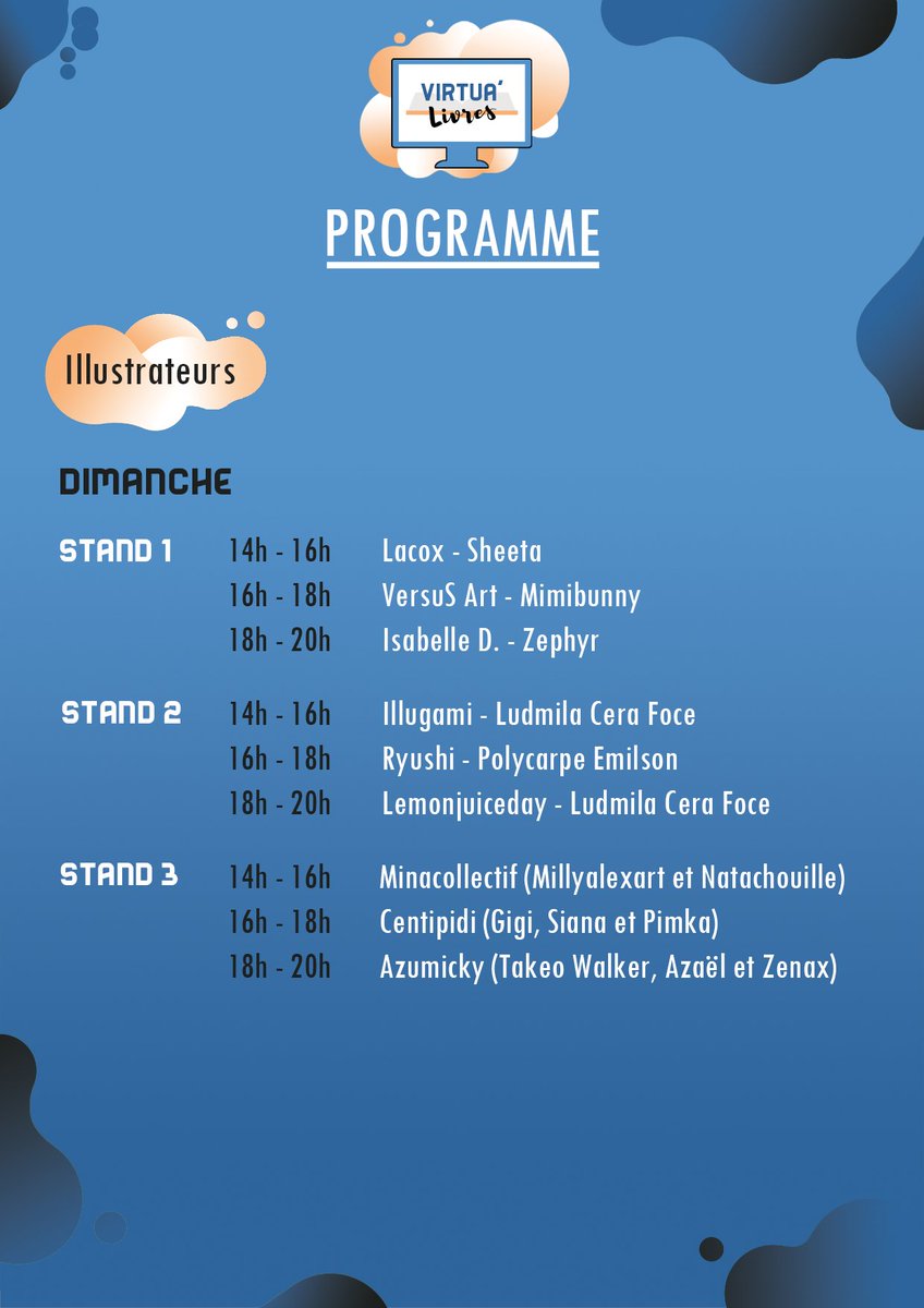 CrossRoadsFR_'s tweet photo. Programme temporaire des illustrateurs de la prochaine édition de #virtualivres du 23 au 25 octobre #illustrateurs #illustrations #salondulivre #salondulivrevirtuel #convention #conventionvirtuelle https://t.co/3pKh8yjPmB