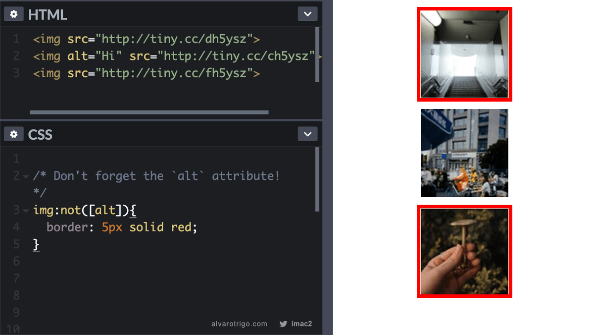 IMAC2's tweet photo. New style to add on your reset stylesheet! 

You'll never forget another ALT attribute on any image! 😎
Just a single line of CSS! 👇 https://t.co/Adta6wzm5t
