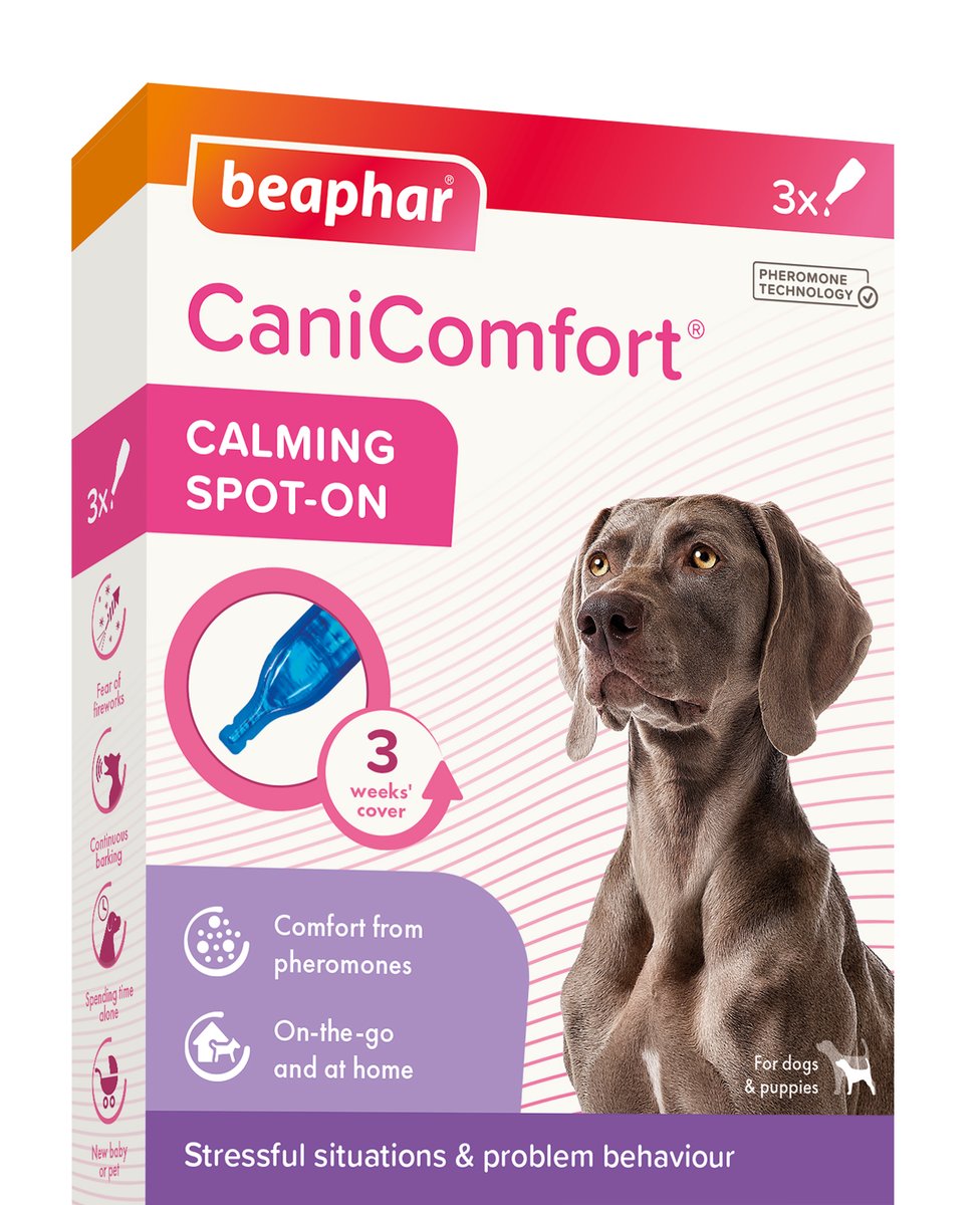 Introducing NEW #pheromone product: #BeapharCaniComfortCalmingSpotOn. Effective for up to 1 week and ideal for #stressfulsituations, and helping reduce general feelings of #anxiety in dogs. Available for trade customers to stock NOW - contact your local Sales Exec for more info.