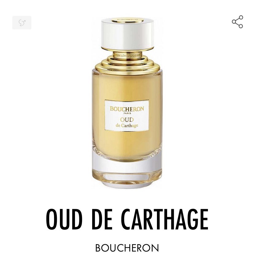 Oud de Carthage, Boucheron.Un Oud aux tons masculins, puissant grâce à ses notes de cuir, de oud, et d’encens, mais adoucit par le miel et la fève de tonka. Un chef-d’œuvre signé Dominique Ropion, encore une fois. Notez que le flacon est très beau