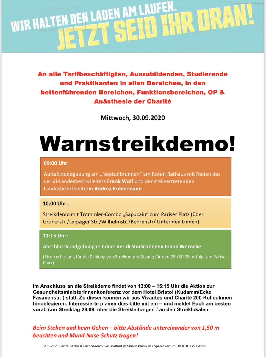 charitetherape1's tweet photo. Demoaufruf zum 30.9.20 zum #Warnstreik der Beschäftigten von ⁦der ⁦@ChariteBerlin⁩ ⁦@Vivantes⁩ ⁦@_verdi⁩ kommt zur Unterstützung 9:00 Uhr Beginn vor dem Roten Rathaus ⁦@RegBerlin⁩ mit Abstand und M-N-Schutz. https://t.co/tHNR964GBp