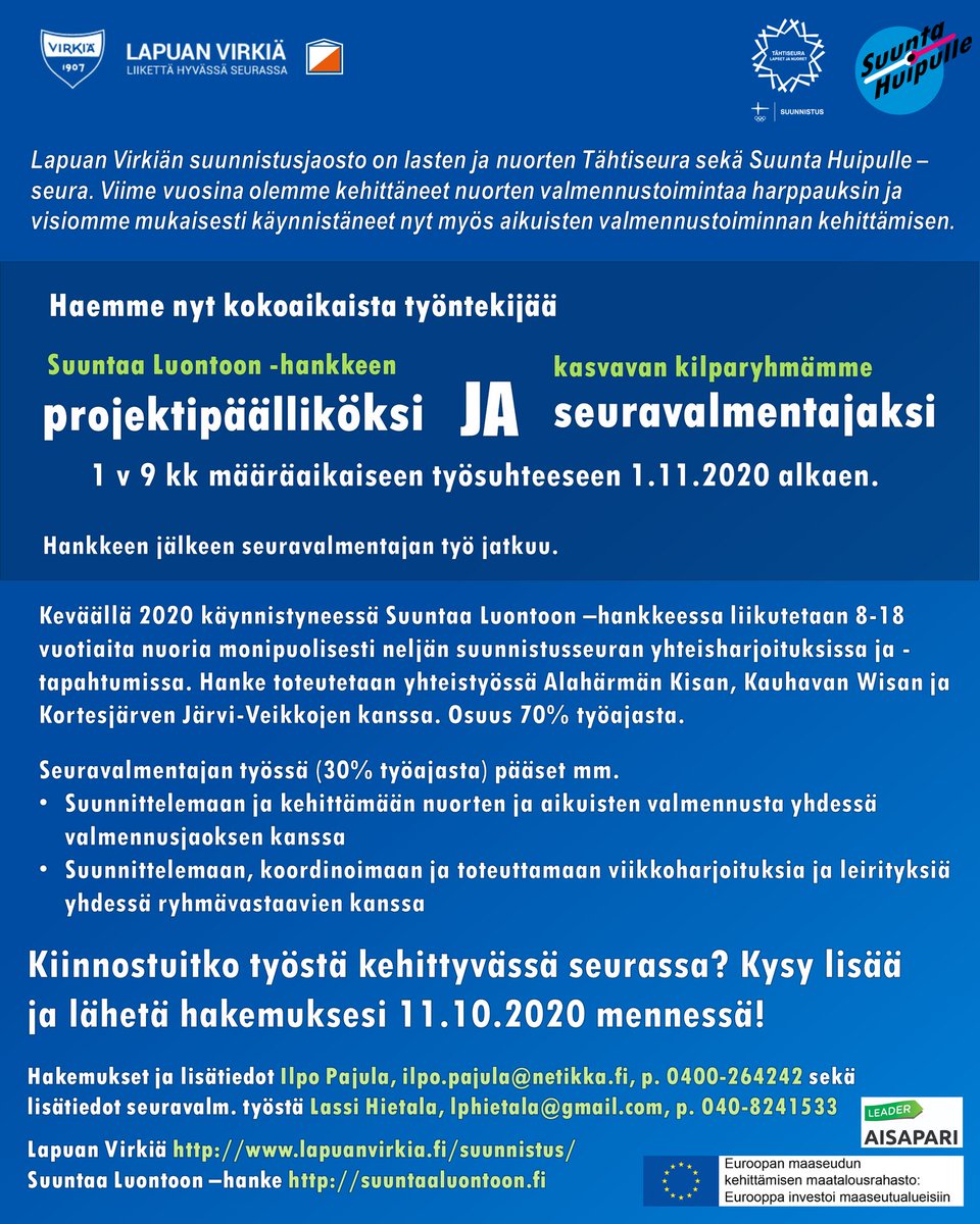 virkiasuunn's tweet photo. Paikka on auki! Lapuan Virkiän suunnistusjaosto hakee  projektipäällikkö-seuravalmentajaa liikuttamaan nuoria ja luotsaamaan nuorten ja aikuisten valmennusryhmää. Saa myös vinkata eteenpäin!
#suunnistus https://t.co/8nt1gMTaPC