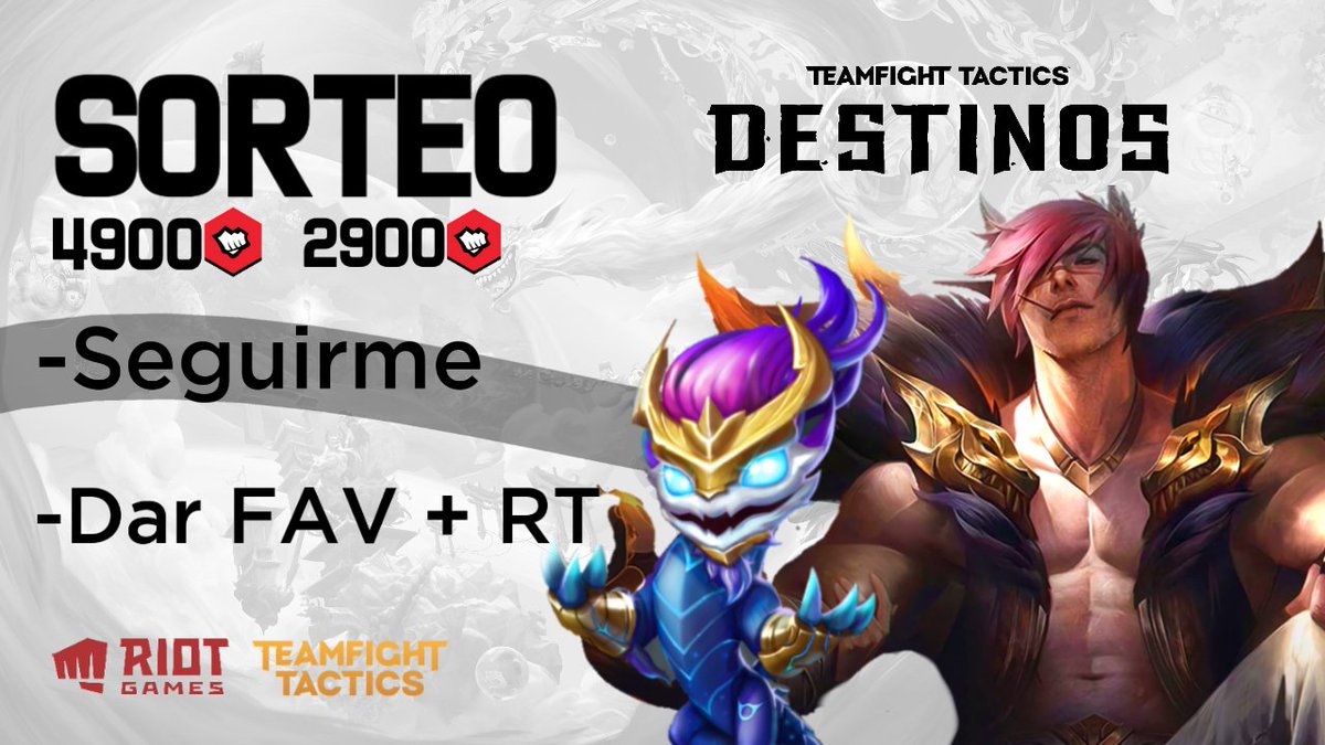 💥SORTEAZO RPS EN CUALQUIER SERVIDOR💥

¡¡Dos ganadores que se podrán llevar estos magníficos premios!!

☑️REQUISITOS:

-Sígueme
- RT + FAV

Muchas gracias a <a href="/lol_es/">League of Legends ES</a> y a <a href="/manutegaming/">Manute</a> por contar conmigo

#DesafioEnRusia #TFT