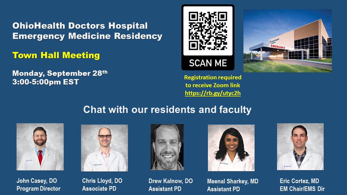 DoctorsEMres's tweet photo. Register for today's town hall chat with our residents and faculty from 3-5pm EST.  Come hang out with our residents and faculty.  Click link to register https://t.co/nFwRKnFulc
 #ResidencyProgramFair #EMBound #medicalstudent #MedStudentTwitter #residency #EMResidency https://t.co/eIS00eCQDO
