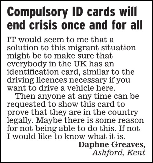NUMBER 26: "…make sure that everyone in the UK has an identification card…anyone at any time can be requested to show this card to prove that they are in the country legally."