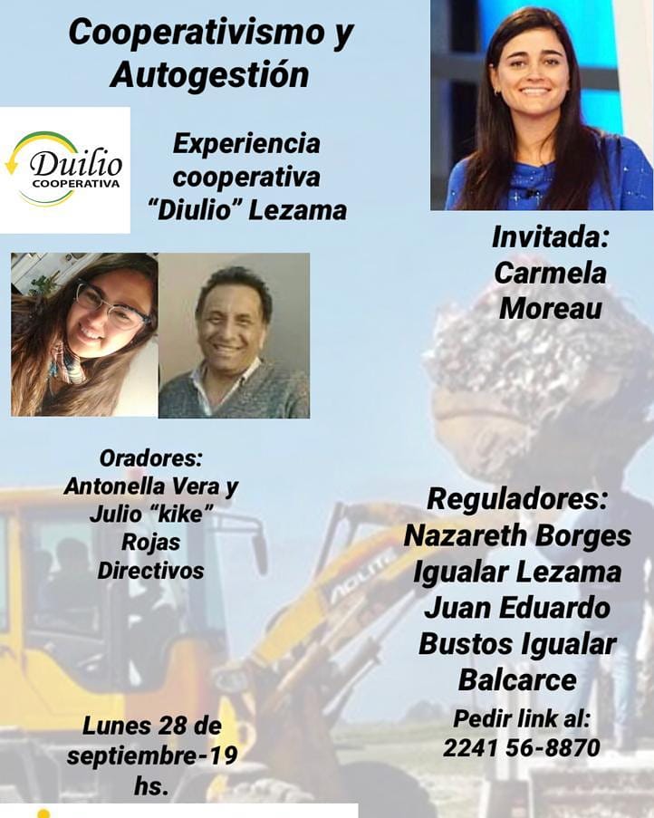 📢 LA COOPERATIVA DUILIO CONTINÚA COMPARTIENDO SU HISTORIA Y EXPERIENCIA ❤️👏

📽️ Seguí el Conversatorio mañana por Zoom a las 19 hs 

🗣️Tema: Cooperativismo y Autogestiòn 

👩‍🏫 Invitada especial <a href="/CarmelaMoreau/">Carmela Moreau</a>

Solicitar Link reunión al tel 📲 2241 56 8870