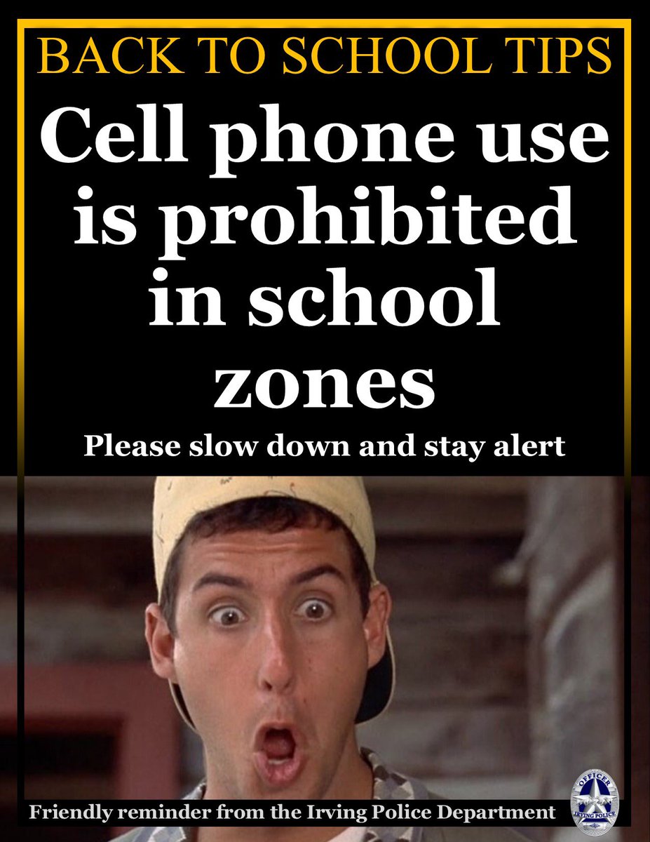 IrvingPD's tweet photo. Reminder: Irving students start in-person learning Today! #IPDCares #HappyFirstDayBack #MindTheSigns @thecityofirving @IrvingISD https://t.co/G9zLrCA1dD