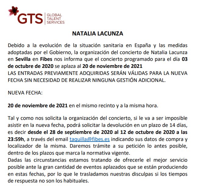 NLacunzaCFO's tweet image. ¡𝗜𝗠𝗣𝗢𝗥𝗧𝗔𝗡𝗧𝗘! 

Para solicitar la devolución tenéis un plazo de 14 días. Desde el 28 de septiembre de 2020 al 12 de octubre de 2020 a las 23:59h. 

Todas las entradas serán válidas para la nueva fecha sin necesidad de realizar ninguna gestión adicional.