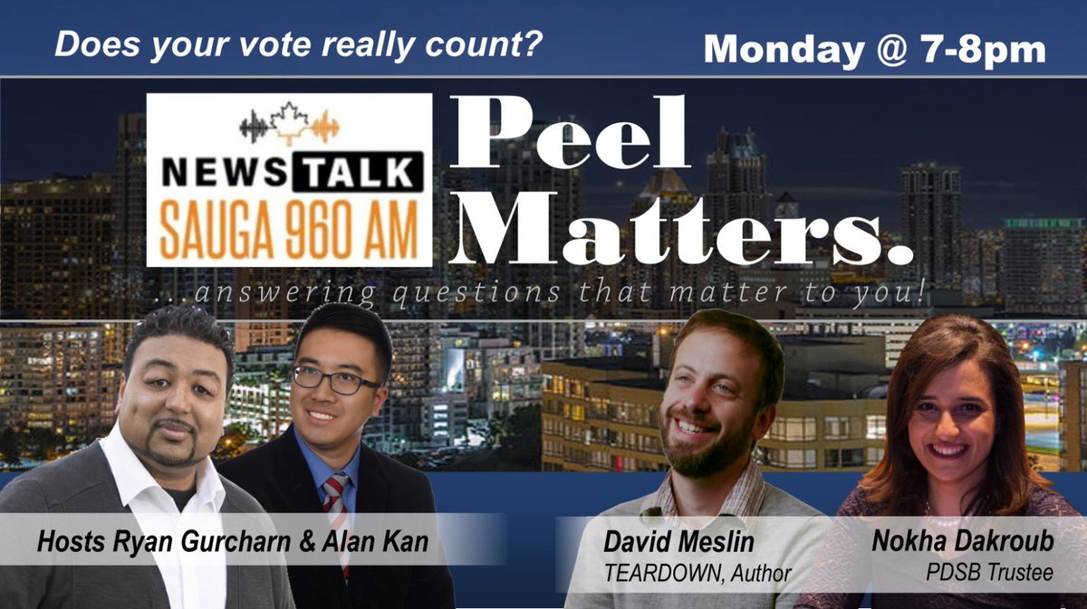 sauga960am's tweet photo. With 2 by-elections coming up &amp; speculations of a snap provincial election.
Does your vote really count? Join @RyanGurcharn &amp; Alan Kan @theKantastic @ 7pm as they dive into ranked ballots w/Author @meslin and whether school trustees should be elected w/PDSB Trustee @NokhaDakroub https://t.co/jrCsxK4ot8