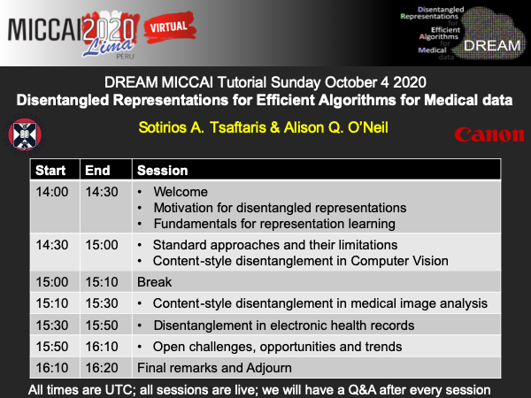 STsaftaris's tweet photo. Our DREAM tutorial is live in the virtual @MICCAI2020 platform https://t.co/4VaGoJNRB0. Everything you need to know about disentangled representations in healthcare in 8 videos. Join me and @alisonQoneil for the LIVE zoom session Oct 4, 2pm UCT.  
https://t.co/W7Bwc2bpS6 https://t.co/p9TtOyku3l