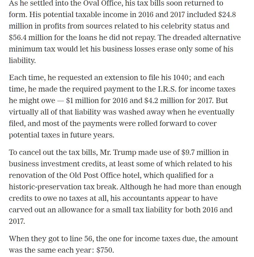 Also, I& #39;m going to post this one more time for those in the back. Trump paid $1 million in taxes in 2016 and $4.2 million in taxes in 2017 and, per the NYT story, most of that money was rolled forward. Stop LYING.  Start READING. Just. Stop. Lying.