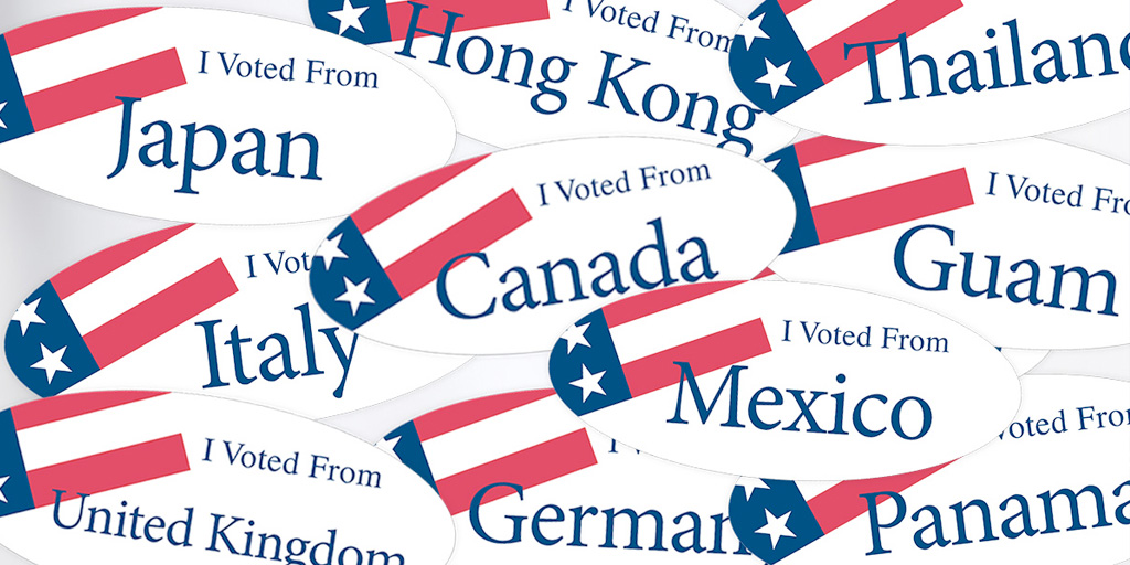 FVAP's tweet photo. It's #AbsenteeVotingWeek! Show family &amp; friends where you're voting from w/ our customizable sticker: https://t.co/fqFlu8zE9n

Worried you won't get your requested ballot in time? Fill out and send the Federal Write-In Absentee Ballot: https://t.co/QewdOpPPcg #ProudOverseasVoter https://t.co/5EXNwGYkGO