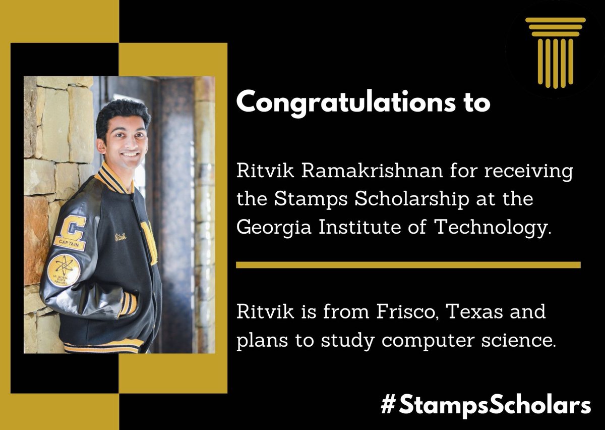 stamps_scholars's tweet photo. Congratulations to incoming @GeorgiaTech #StampsScholar Ritvik Ramakrishnan. Ritvik is from Frisco, Texas and plans to study computer science. https://t.co/0UEgqENjDW