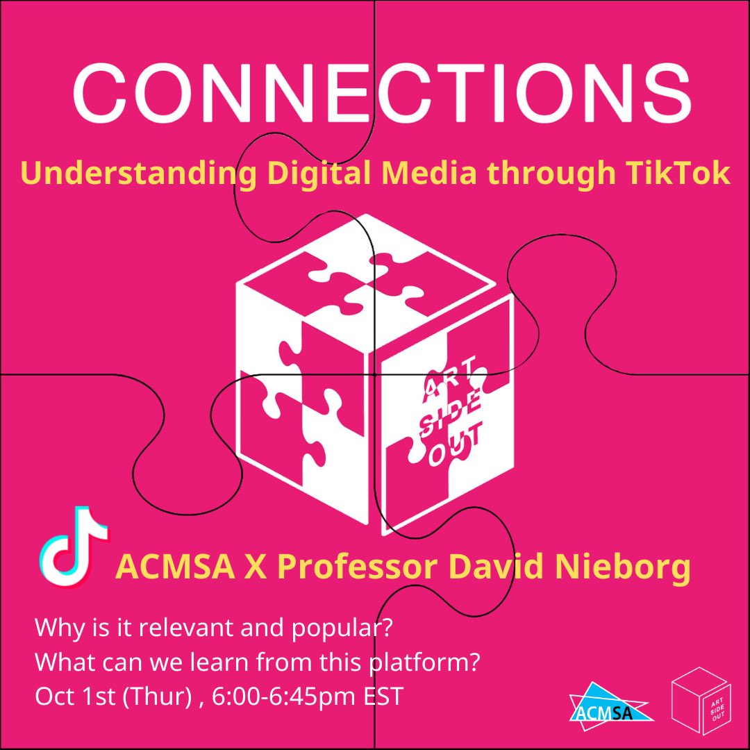 Join ACMSA, ASO and Professor David Nieborg for “Connections: Understanding Digital Meda through TikTok”! 

This workshop dives into the world of TikTok by looking at many themes in the hopes of answering questions on TikTok’s popularity/outreach!

Zoom: linktr.ee/utscacmsa