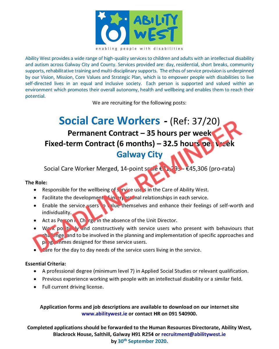 abilitywest's tweet photo. Deadline Reminder: Social Care Workers Contacts x 2 based in Galway City (closing 30/09/20). Job description available at https://t.co/Qegu1GE5Dp
#recruiting #idservices https://t.co/teSgKeN638
