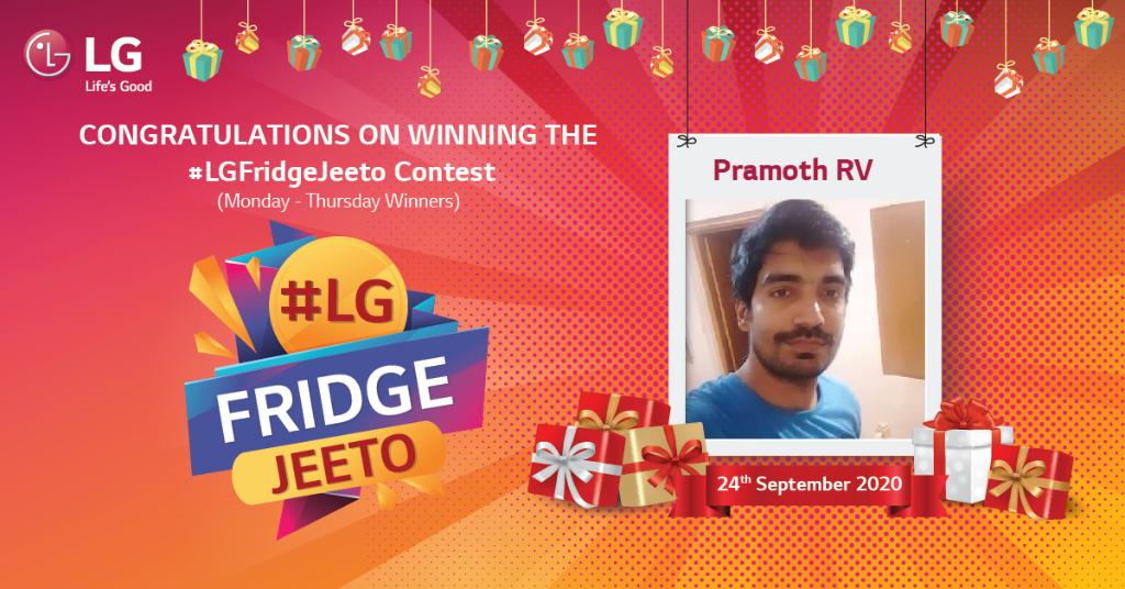 LGIndia's tweet photo. Congratulations @rpramoth on winning the #LGFridgeJeeto Contest. Thank you for your participation, share your contact details via DM to avail your prize at the earliest. 
Guys, pull up your socks &amp; keep tweeting to stand a chance to win a #LG Refrigerator. https://t.co/MH5hTw6mse