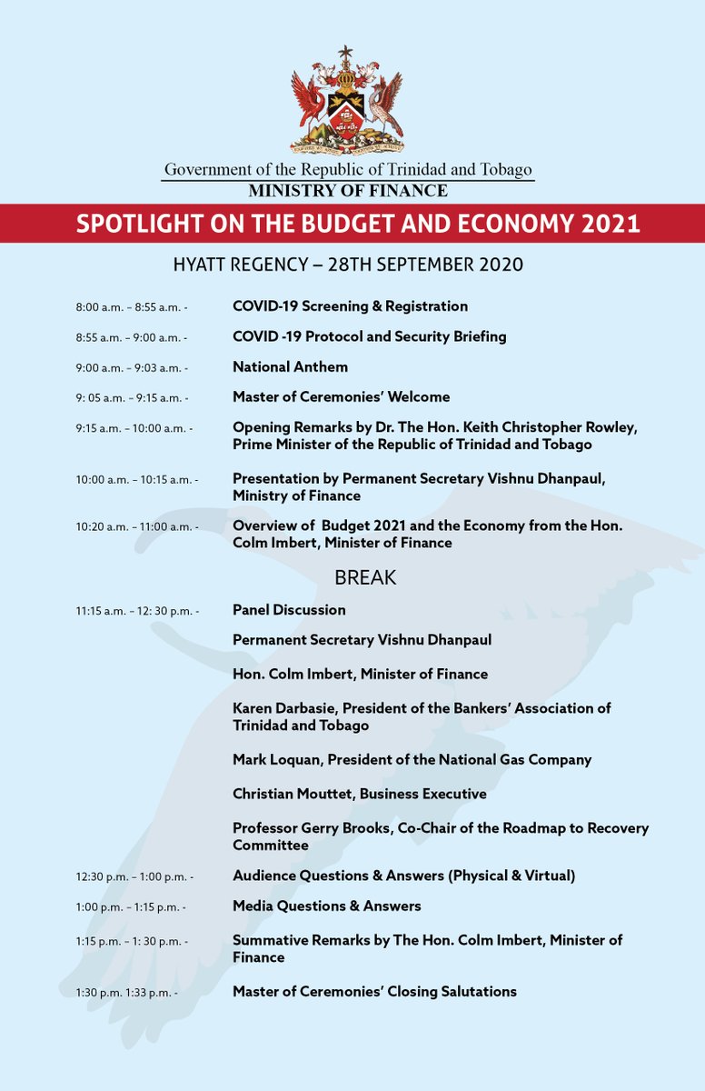 MoFTT's tweet photo. #HappeningNow SPOTLIGHT ON THE BUDGET AND ECONOMY 2021. We are pleased to share the #programme for this event. 

Stay informed. Tune in for the live stream on TTT Live Online .
#MoFTT #MoFTT2020.

https://t.co/qRaNqVeAW8 https://t.co/yDEu7GFowk