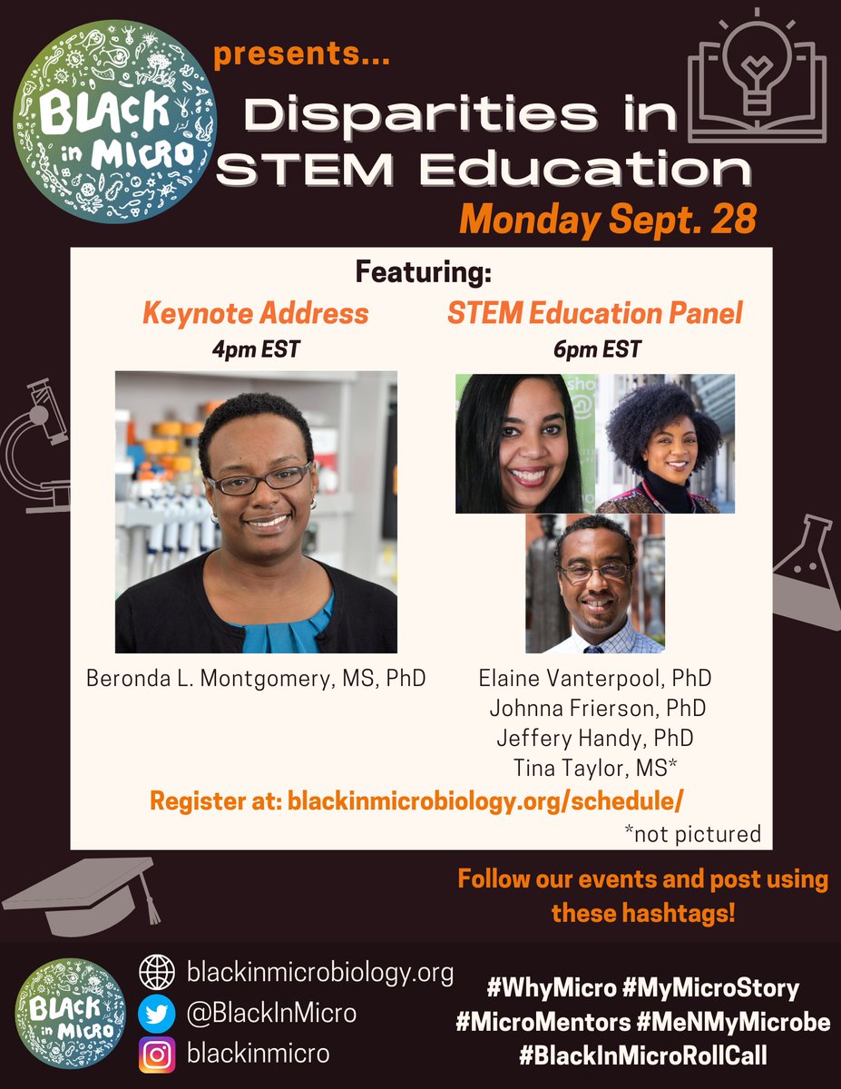 ASMicrobiology's tweet photo. To begin #BlackInMicrobiology Week, today’s theme is Disparities in STEM Education and @BlackInMicro is highlighting the value of effective #mentorship. Share your personal experiences through #MyMicroStory, and register to access today's free events: https://t.co/jhJjvRKSrG https://t.co/2t07Ttj0Qk
