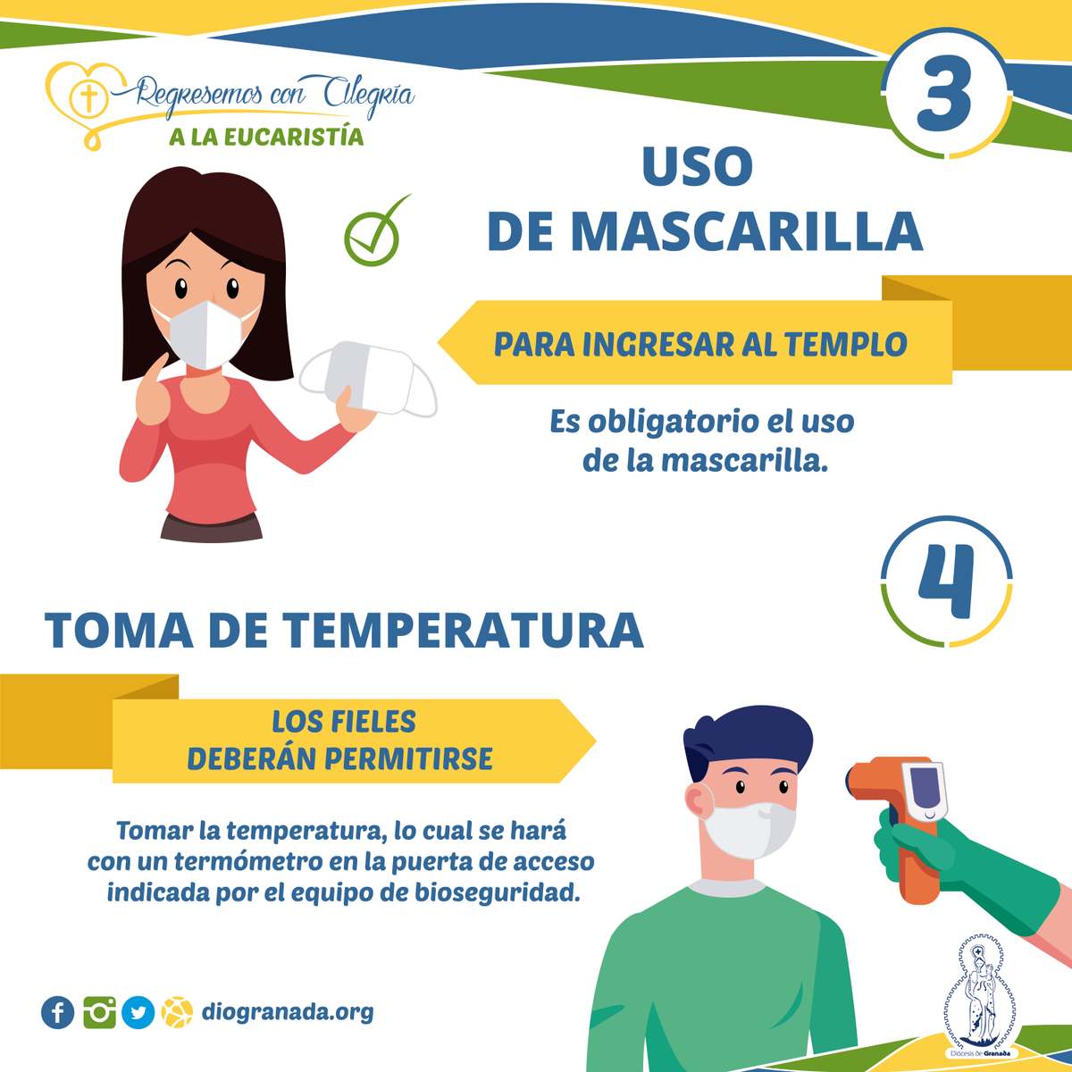 DiocGranada's tweet photo. #RegresemosConAlegría | Al regresar a la Eucaristía, debemos de guardar algunas medidas de seguridad, según las normas establecidas en nuestra Diócesis:
-Uso obligatorio de mascarilla.
-Toma de temperatura antes de ingresar al templo. https://t.co/KWL12Xl4JG