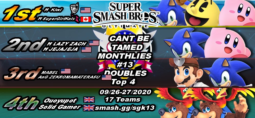 CONGRATULATIONS to Top 4 of DOUBLES for #CANTBETAMED Monthly #13
17 Teams
09.26-27.2020

1st. @Kiwi_burd @SuperGirlKels 
2nd. @JeJaJeJa_Poyo @LazyZach_SSBU 
3rd. @ZekromAmaterasu @ssb_mabel 
4th. @jack_normal @ouoyupot  

smash.gg/sgk13
Vods: twitch.tv/supergirlkels