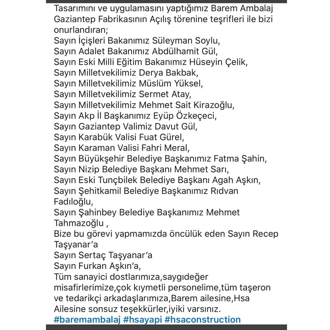 HSAconstruction's tweet photo. Tasarımını ve Uygulamasını yaptığımız Barem Ambalaj açılış töreni.
Bir Mimar Hakan Sabahlar Tasarımı ve Hsa Yapi Eseridir. It is A Design of Architect Hakan Sabahlar and it is kind of work by HSA Construction. https://t.co/J9okbTgiBd