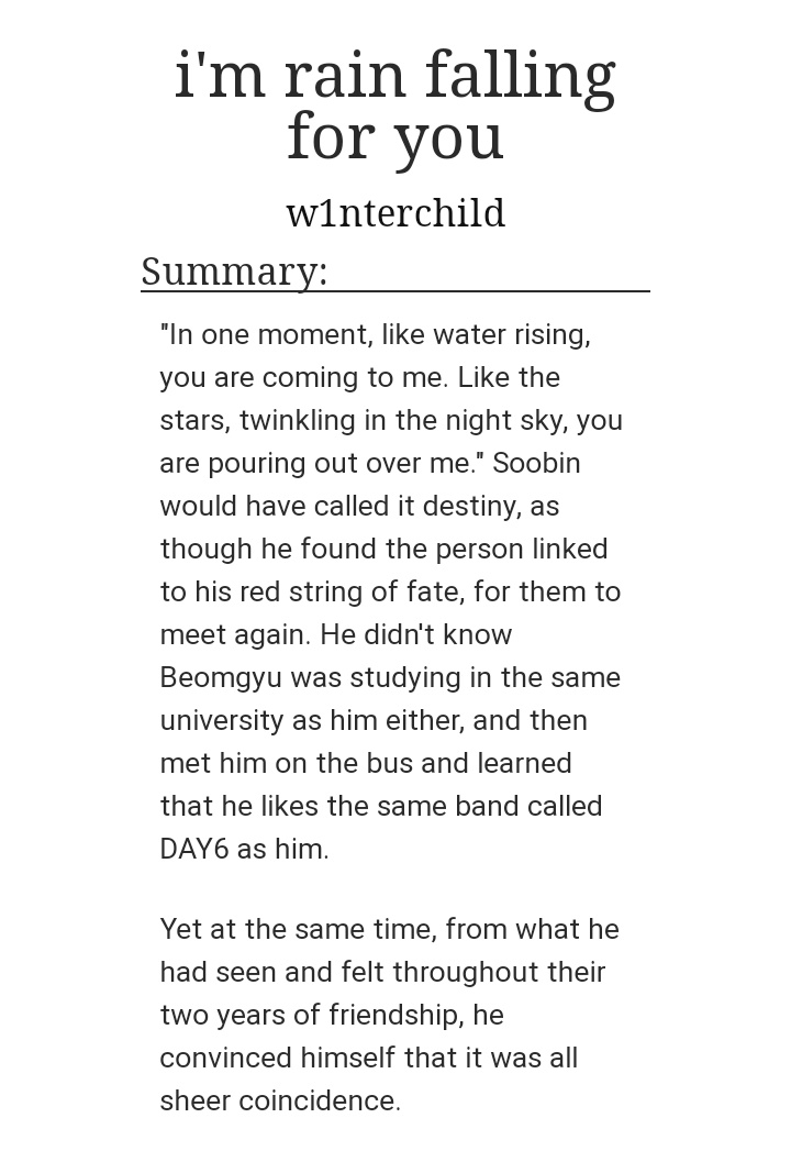 "I'm rain falling for you" SOOGYU !!!  1822/10 would recommend!! fluff, soft, sana ol, with frustrating pinning but not really https://archiveofourown.org/works/25526575 