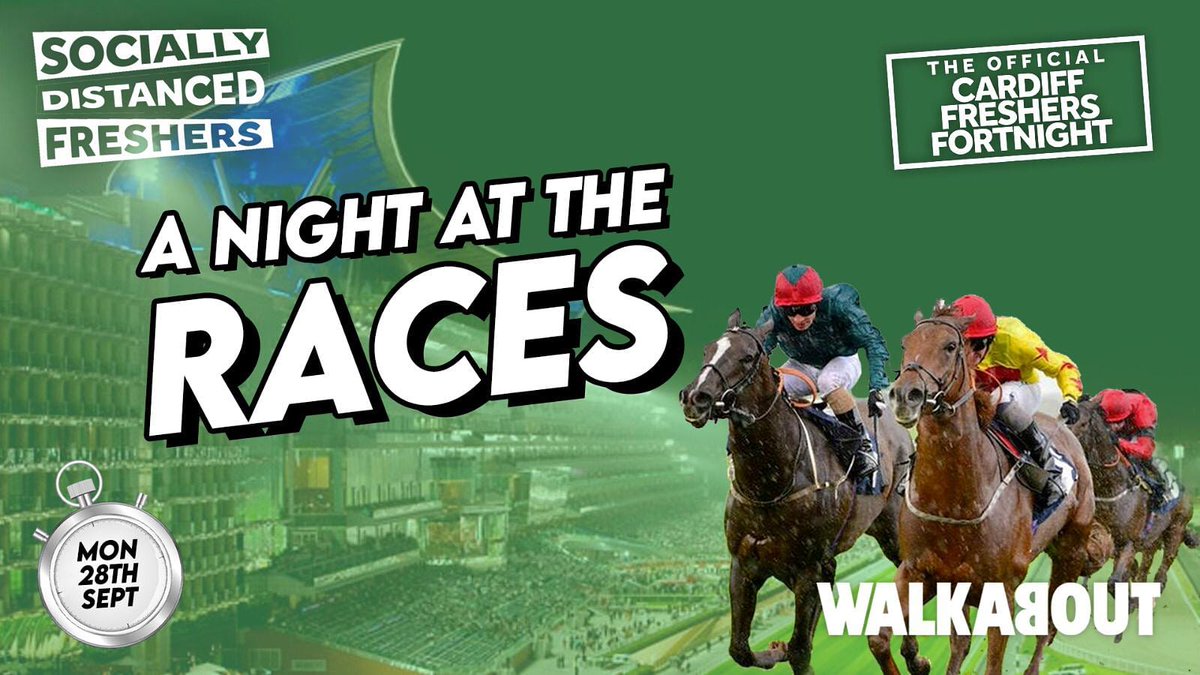 WalkaboutCardif's tweet photo. Night At The Races” 🐎 🍾
Last call for tables for tonight!🎉
👉 https://t.co/xZPd5pic3Q 👈
How it works:
💷 Get your freshers fortnight money on entry.
💰 Check the odds and place your bet for the upcoming race.
🐎 Watch your horse gallop to victory and win huge prizes https://t.co/wPAhqYAk13