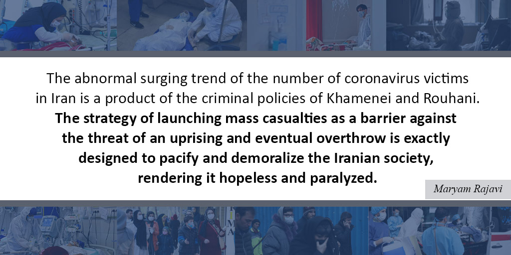 Maryam_Rajavi's tweet photo. The abnormal surging trend of the number of #coronavirus victims in #Iran is a product of the criminal policies of Khamenei and Rouhani. #COVID19 https://t.co/pvhszcAU0V