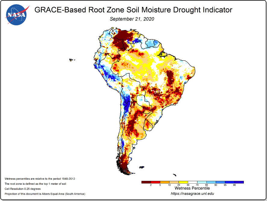 SamuelBHudson's tweet photo. @nasa #GraceBased Surface & Root Zone Soil Moisture Maps will update later today.
#Argentina #Brazil #Corn #Soybeans #LaNina https://t.co/vFdMPkoUPX