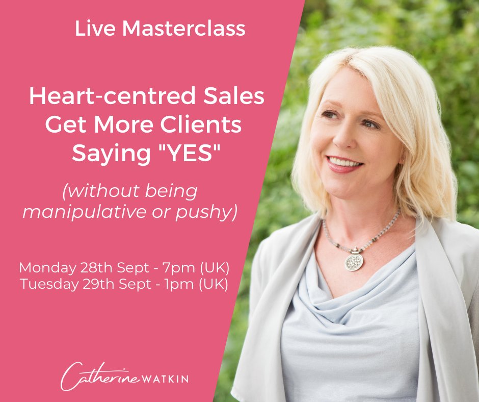 ⭐️ Free Masterclass ⭐️
This week I’m running my flagship online Masterclass 
"Get More Clients Saying Yes! – without being pushy or manipulative"
Register here: bit.ly/3371gsV

Monday 28th September: 7.00pm UK (2.00pm EST)
Tuesday 29th September: 1.00pm UK (8.00am EST)