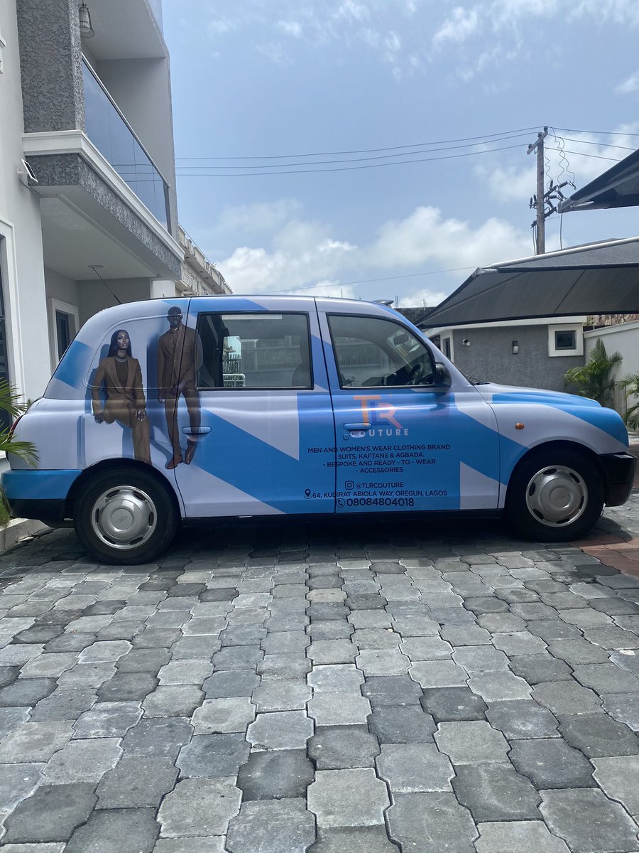 drivertiseng's tweet photo. Cool blue design on @britikocabs for @tlrcouture Tag us if you see it on Lekki/Ikoyi/Vi axis #Advertising #ooh #drivertise https://t.co/qtW1SXzMdi