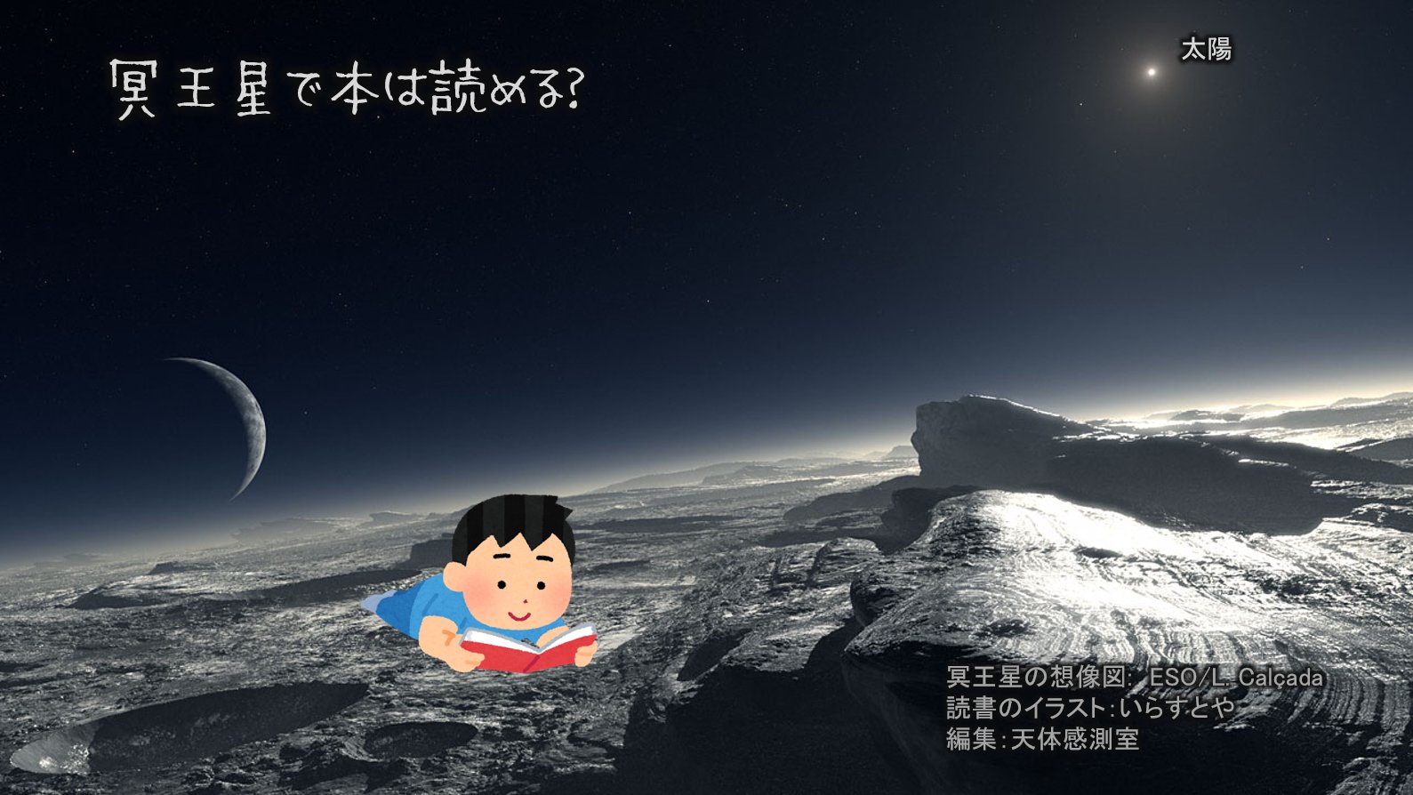 天体感測室 中秋の名月ですね 満月の明るさ は本も読めるぐらいとも言われます では 冥王星 に行ったら本は読めるでしょうか 太陽からすごく遠い極寒の地ですが 太陽の明るさは地球で見る満月の340倍ほど 夜に照明をつけた玄関やトイレほど